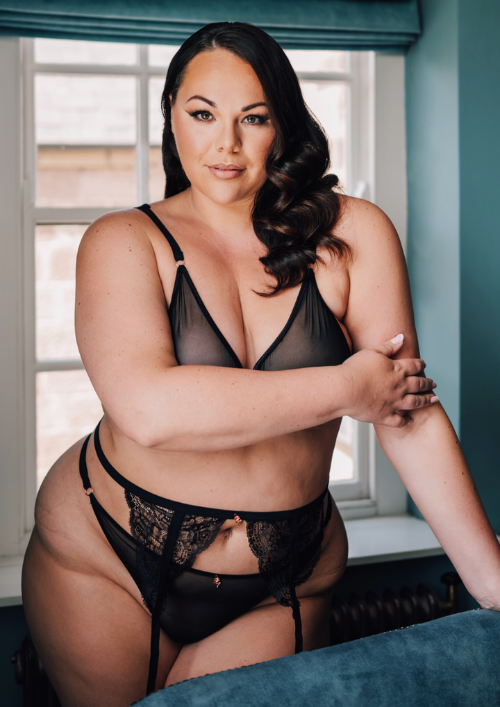 Woman wearing a Black Mesh Triangle Lingerie Set