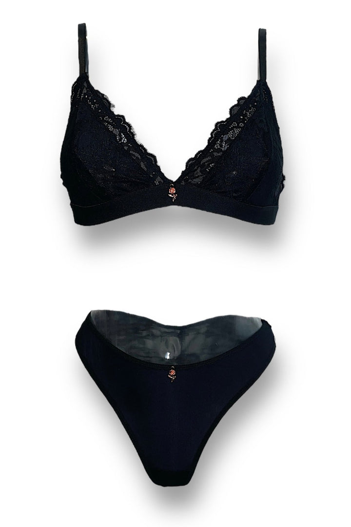 Black Love Lace Lined Bra & Brazilian Knickers Lingerie Set
