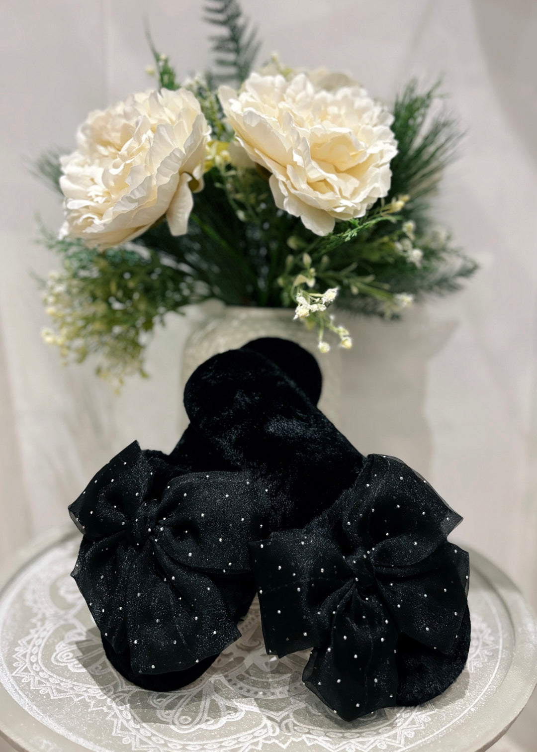 Black Organza Bow Slippers