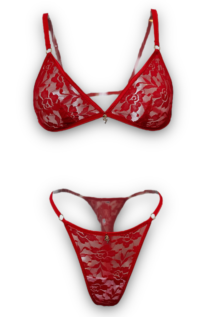 Red Lace Triangle Bra & Thong Lingerie Set