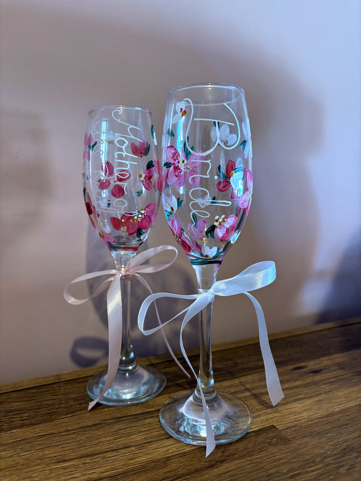 Hand Painted Wedding/ Bridal Prosecco Glasses