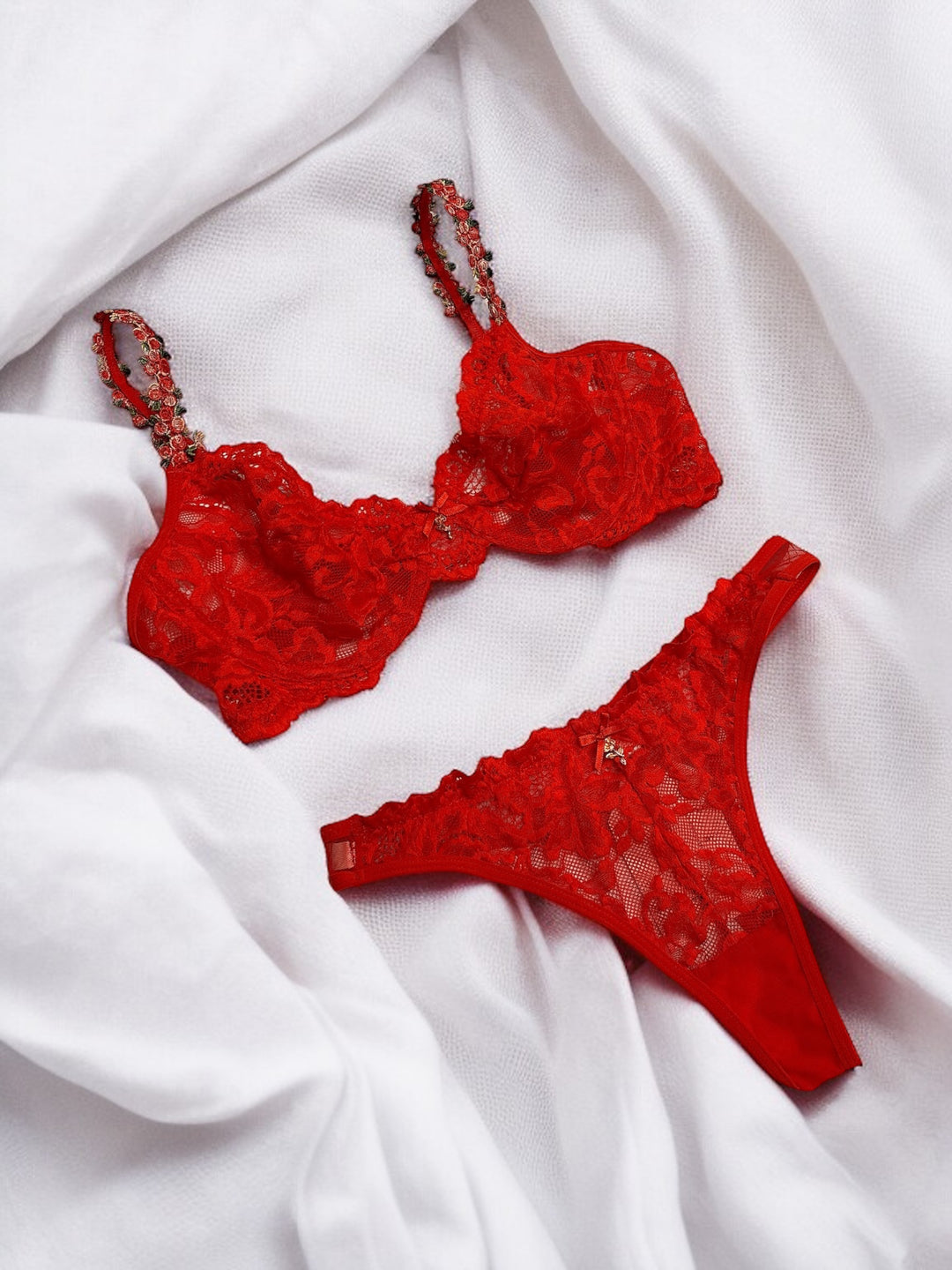 Scarlett Red Underwired Lingerie Set With Floral Straps