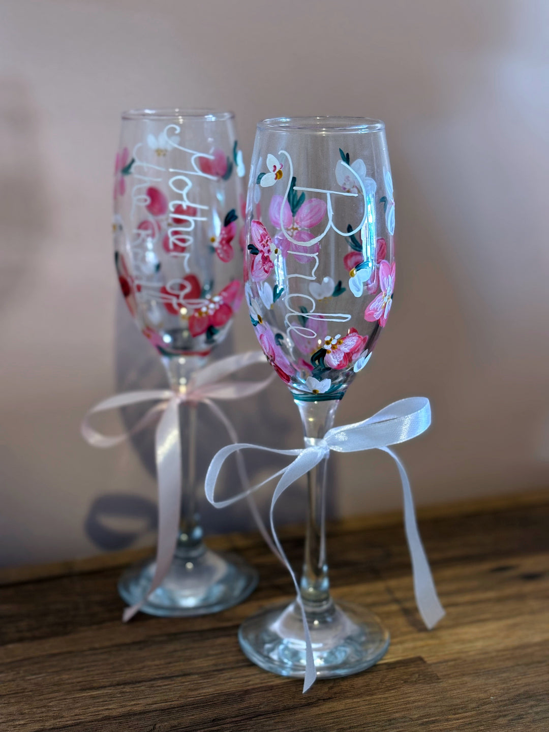 Hand Painted Wedding/ Bridal Prosecco Glasses