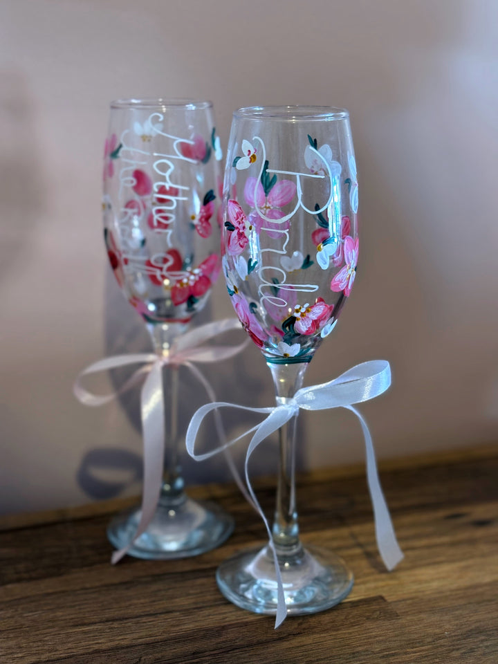 Hand Painted Wedding/ Bridal Prosecco Glasses
