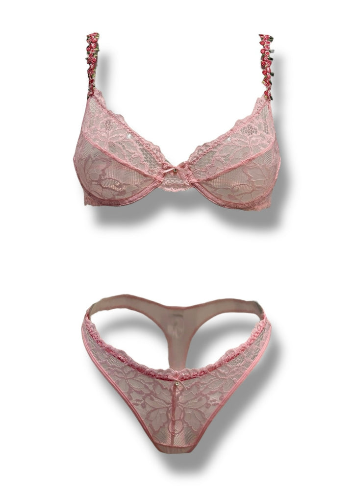 Isabella Pink Underwired Lingerie Set With Floral Straps