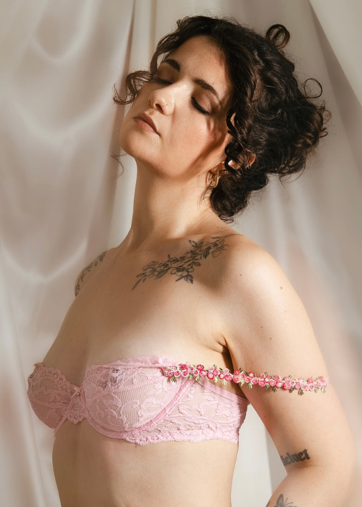 Isabella Pink Underwired Lace Bra With Floral Straps