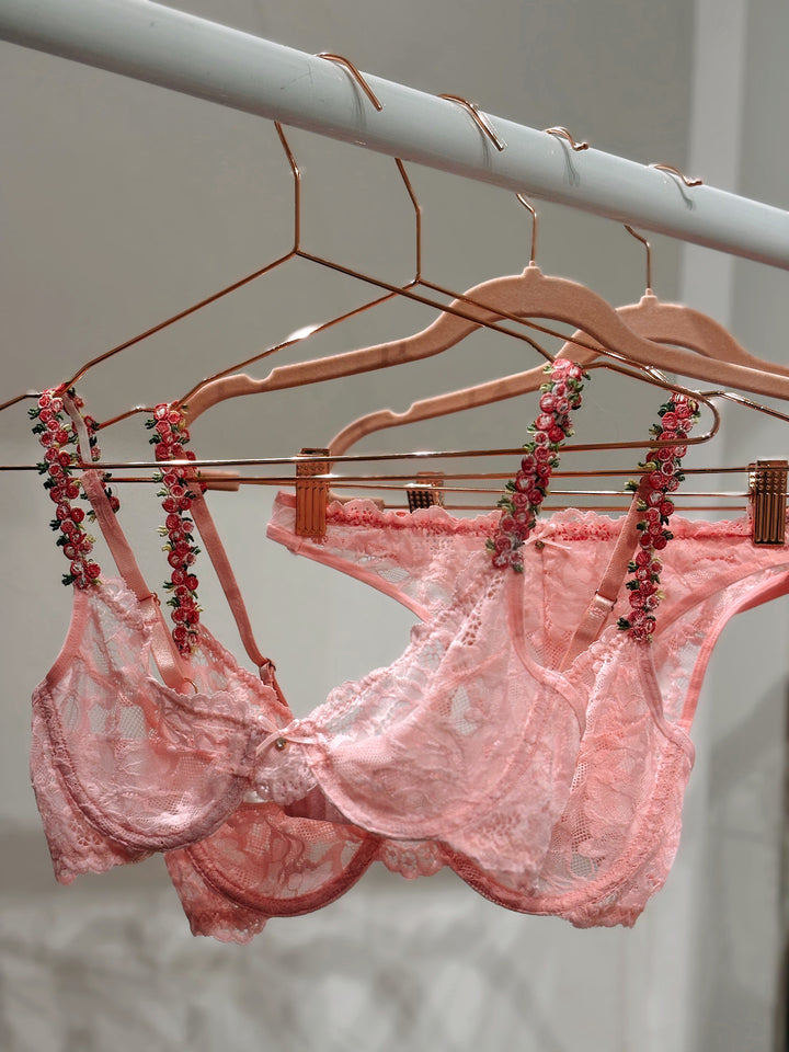 Isabella Pink Underwired Lingerie Set With Floral Straps