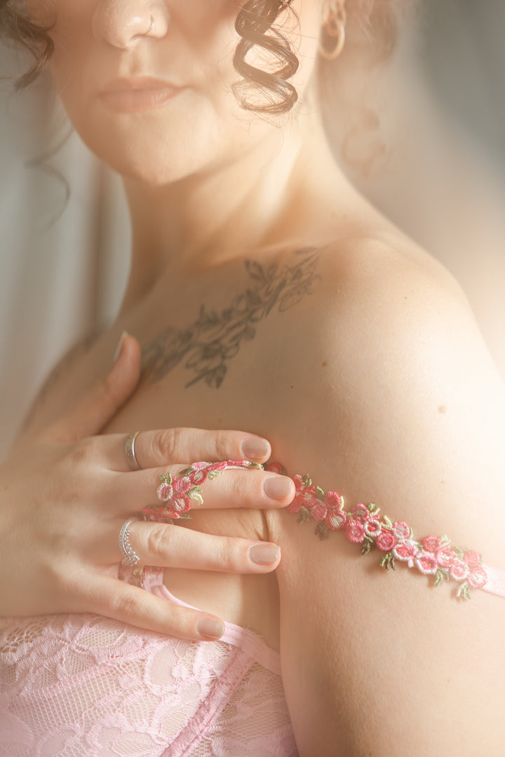 Isabella Pink Underwired Lingerie Set With Floral Straps