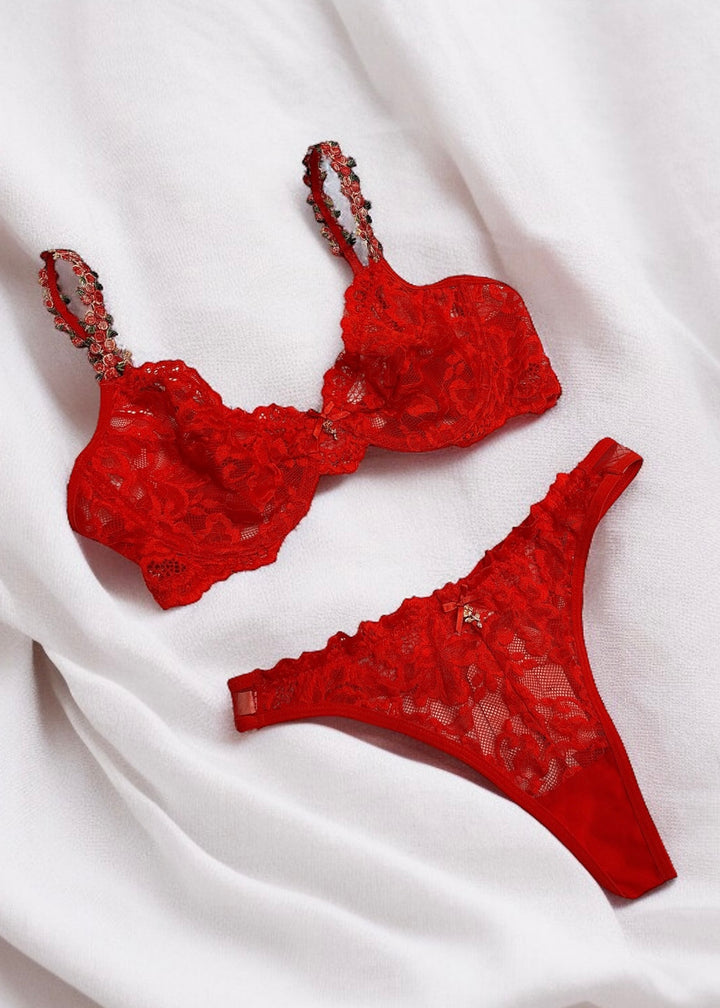 Scarlett Red Underwired Lingerie Set With Floral Straps