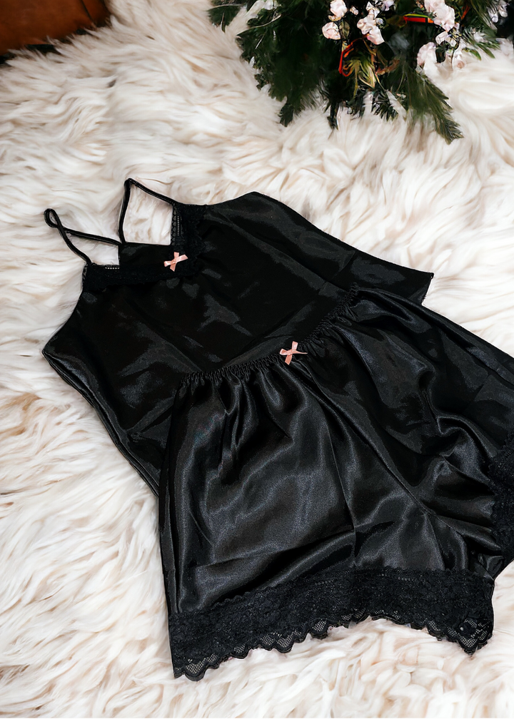 Mia Satin Pyjama Set In Black