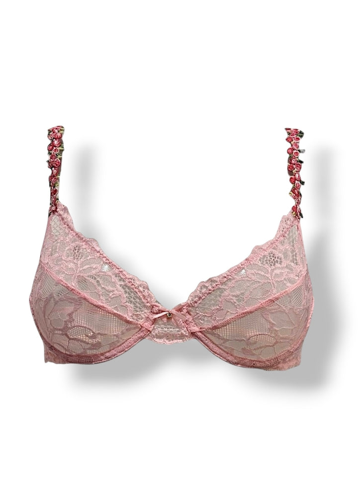 Isabella Pink Underwired Lace Bra With Floral Straps