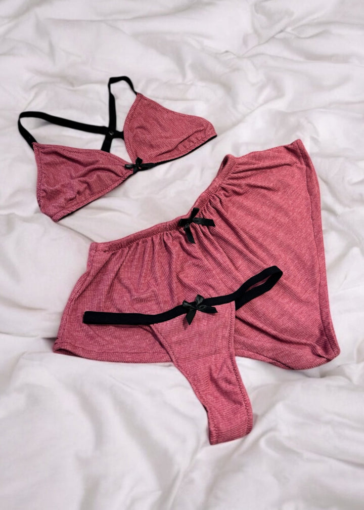 Dusky Pink Ribbed Loungewear 3-Piece Set