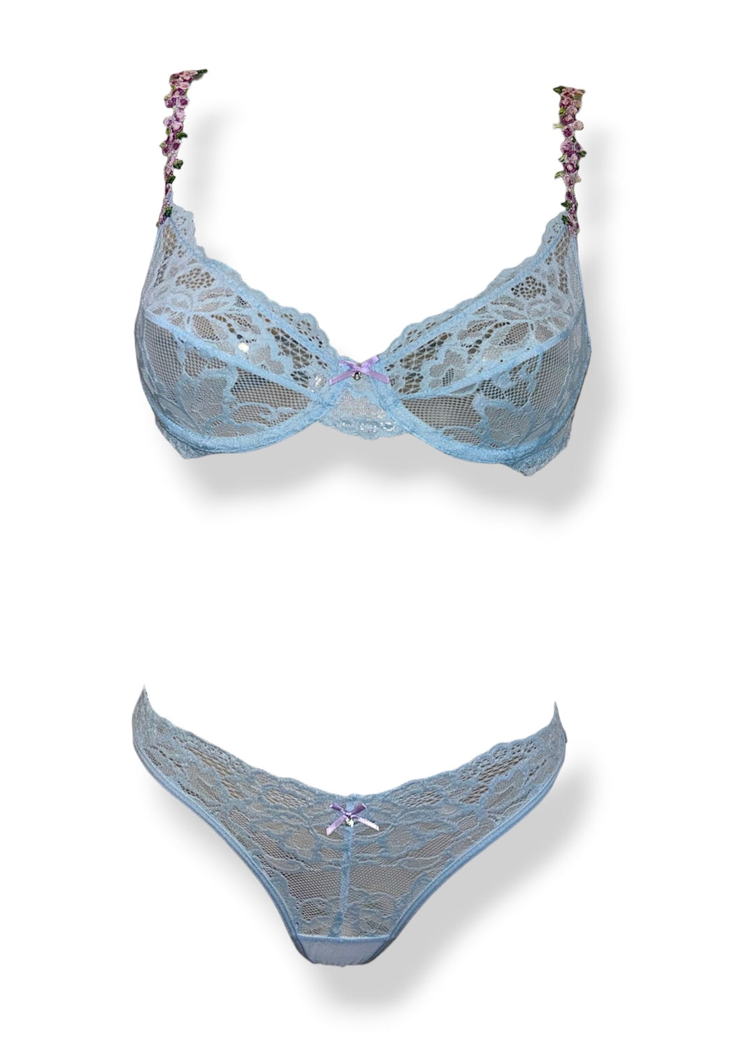 Periwinkle Blue & Lilac Underwired Lace Bra With Floral Straps (Copy)