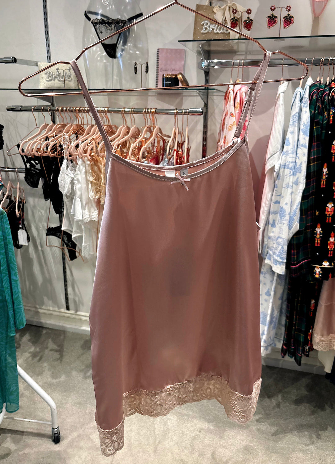 Rosette Pink Satin & Lace Cami Top
