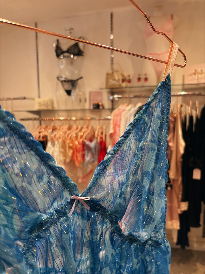 Blue Printed Metallic Thread Bralette